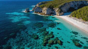 Aerial view of a serene beach with turquoise water and rocky cliffs. photo