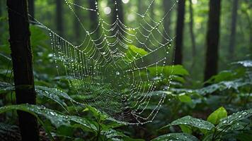 A spider web adorned with dew drops, illuminated by soft sunlight in a lush forest setting. photo