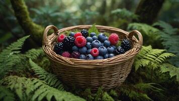 A woven basket filled with assorted berries on a bed of ferns in a forest setting. photo