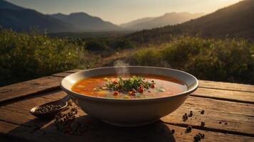 A steaming bowl of soup placed on a wooden table with a scenic mountain backdrop. photo