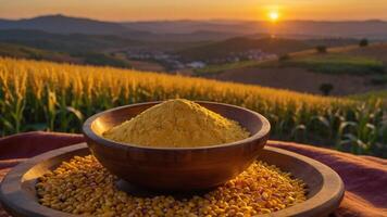 A bowl of yellow cornmeal sits on grains, with a sunset over rolling fields in the background. photo