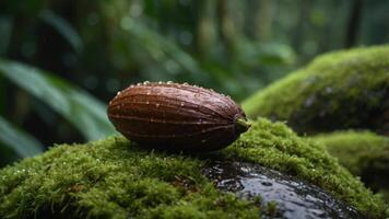 A cocoa pod resting on moss in a lush, green rainforest setting. photo