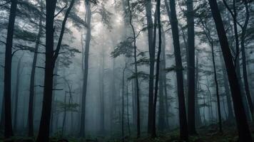 A misty forest with tall trees, creating a serene and mysterious atmosphere. photo