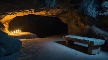 A dimly lit cave interior with a stone bench and candles creating a serene atmosphere. photo