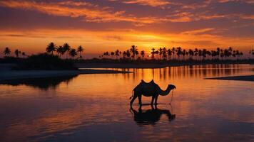 A camel stands in water at sunset, surrounded by palm trees and a vibrant sky. photo