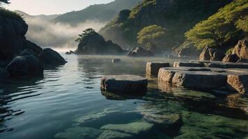 Serene landscape with misty waters, rocky formations, and lush greenery. photo