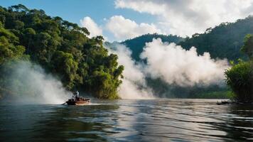 A tranquil river scene with mist, lush greenery, and a boat navigating through the water. photo