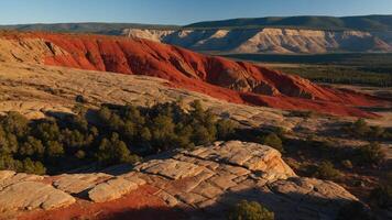 A stunning view of layered red and beige rock formations under a clear sky. photo