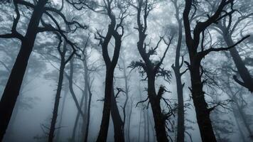 A misty forest scene with tall, bare trees shrouded in fog, creating a mysterious atmosphere. photo