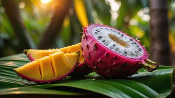 A vibrant display of sliced dragon fruit and mango on a green leaf, illuminated by sunlight. photo