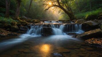 A serene waterfall scene illuminated by sunlight filtering through trees. photo