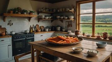 A rustic kitchen with fresh carrots on a wooden table and a scenic view outside. photo