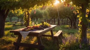 A serene outdoor setting with a rustic table adorned with grapes and wine under a vineyard. photo