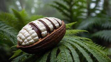 A cacao pod split open, revealing creamy seeds, resting on lush green ferns in a misty environment. photo