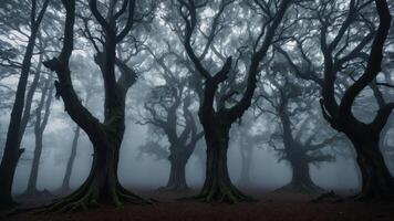 A misty forest scene with twisted trees and a mysterious atmosphere. photo
