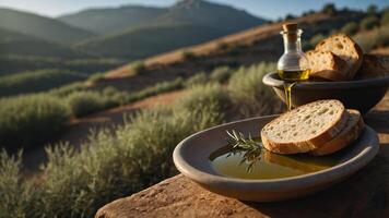 A rustic setting featuring bread and olive oil, ideal for a meal or tasting experience. photo