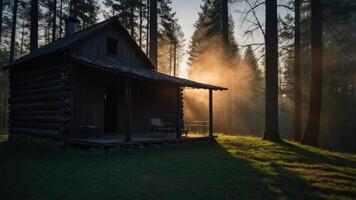 A rustic cabin surrounded by trees, illuminated by soft morning light and mist. photo