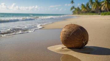 A coconut rests on a sandy beach with gentle waves and palm trees in the background. photo