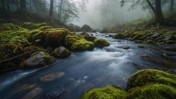 A serene forest scene with a misty river flowing through lush greenery and moss-covered rocks. photo