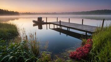A serene lakeside scene at dawn with a dock and mist rising over the water. photo