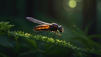 A close-up of a shiny insect perched on a green leaf in a soft, blurred background. photo