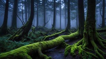 A misty forest scene with moss-covered trees and a fallen log, creating an atmospheric setting. photo