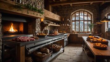 Rustic kitchen with a fireplace, featuring meats, bread, and a cozy atmosphere. photo