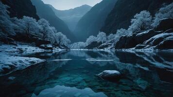 A serene winter landscape with a tranquil river reflecting mountains and frosted trees. photo