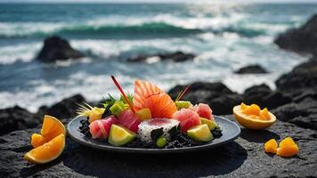 A vibrant sushi platter displayed on a rocky shore with the ocean in the background. photo
