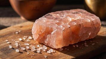 A large block of pink salt sits on a wooden surface, with scattered salt crystals around it. photo