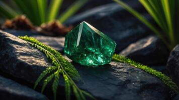 A vibrant green crystal resting on dark rocks with lush greenery in the background. photo