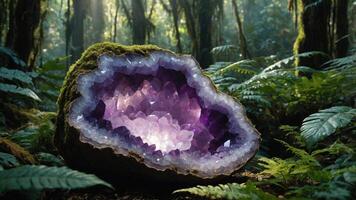 A stunning amethyst geode nestled in a lush forest, showcasing nature's beauty. photo