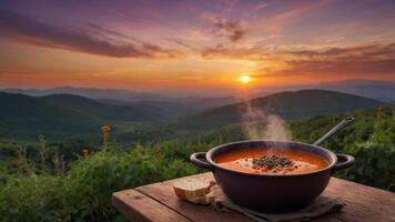 A steaming bowl of soup on a rustic table with a scenic sunset view in the background. photo