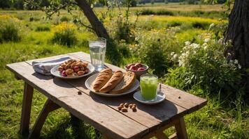 A picnic setup featuring bread, snacks, and drinks in a lush, green outdoor setting. photo