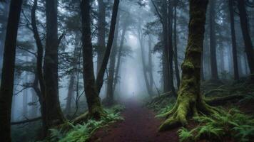 A misty forest path surrounded by towering trees and lush ferns. photo
