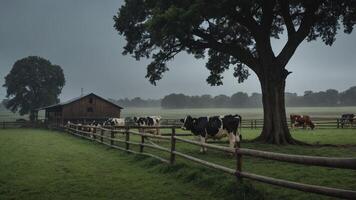 A serene farm scene with cows grazing near a barn under a moody sky. photo