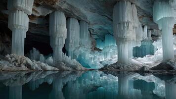 Stunning ice formations in a cave, reflecting in calm water, creating a mystical atmosphere. photo