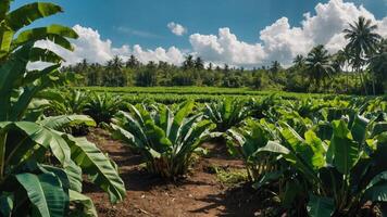 Lush banana plantation under a bright sky with scattered clouds. photo
