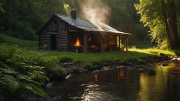 A rustic cabin by a stream, surrounded by lush greenery and smoke rising from the chimney. photo