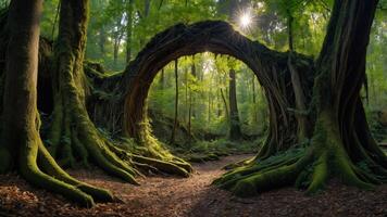 A serene forest scene featuring a moss-covered archway and sun filtering through trees. photo