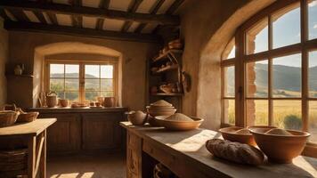 A rustic kitchen filled with pottery and baked goods, illuminated by warm sunlight. photo