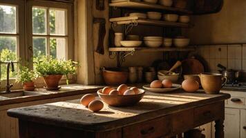 A rustic kitchen scene with eggs and pottery, illuminated by natural light. photo