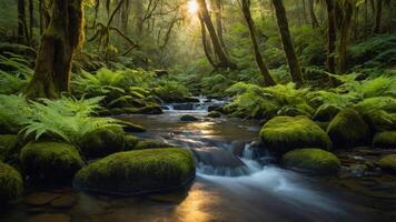 A serene forest scene featuring a stream, mossy rocks, and sunlight filtering through trees. photo
