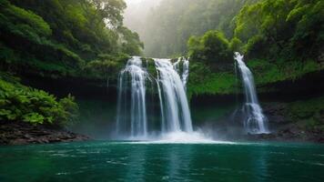 A serene waterfall cascading into a tranquil pool, surrounded by lush greenery. photo