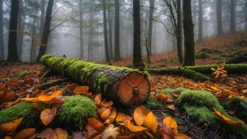 A serene forest scene with a moss-covered log and autumn leaves in a misty environment. photo
