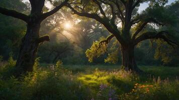 A serene forest scene with sunlight filtering through trees and colorful wildflowers. photo