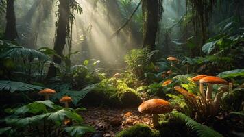 A serene forest scene with vibrant mushrooms and sunlight filtering through the trees. photo
