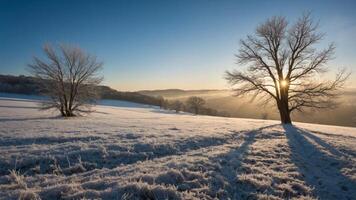 A serene winter landscape with frosted trees and a rising sun. photo