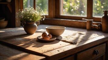 A rustic kitchen scene with eggs, a bowl, and flowers, evoking a warm, homely atmosphere. photo