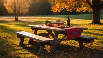 A picnic table set with food and wine under autumn trees in a serene landscape. photo